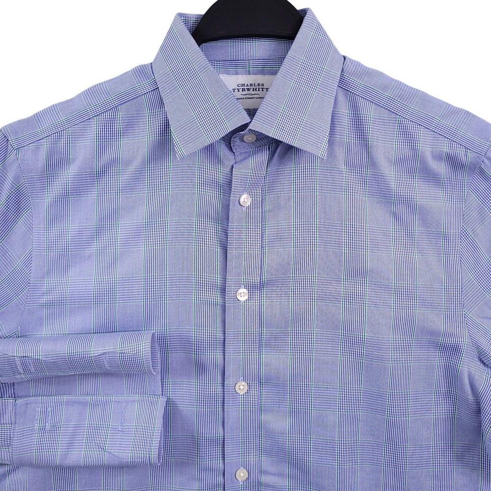 Charles Tyrwhitt Dress Shirt 15.5 33 Slim Fit Blue Plaid Non Iron French Cuff